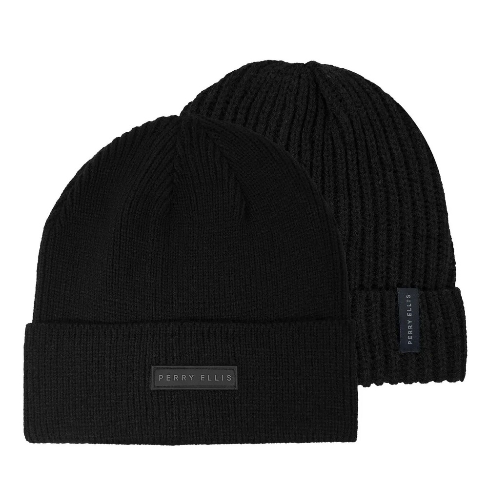 Perry Ellis Portfolio Beanie Lot of‎ 2 Black Ribbed Cuffed NWT $35 Mens Winter